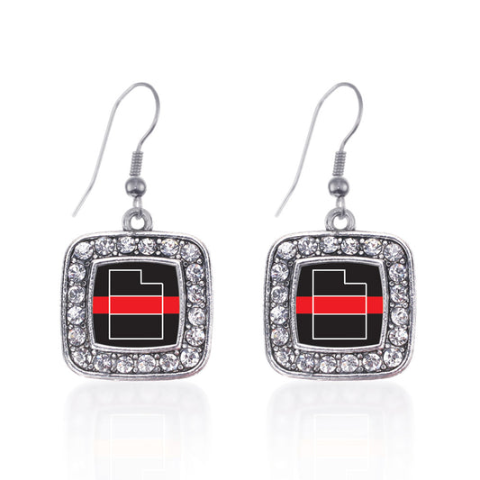 Silver Utah Thin Red Line Square Charm Dangle Earrings