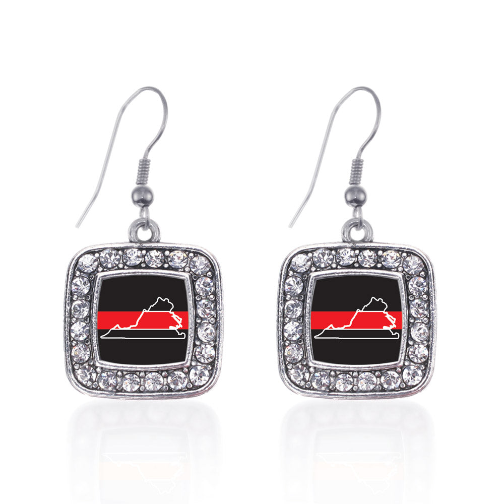 Silver Virginia Thin Red Line Square Charm Dangle Earrings