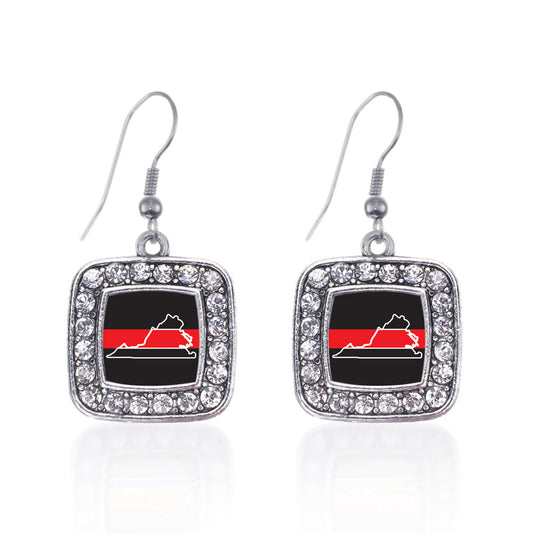 Silver Virginia Thin Red Line Square Charm Dangle Earrings