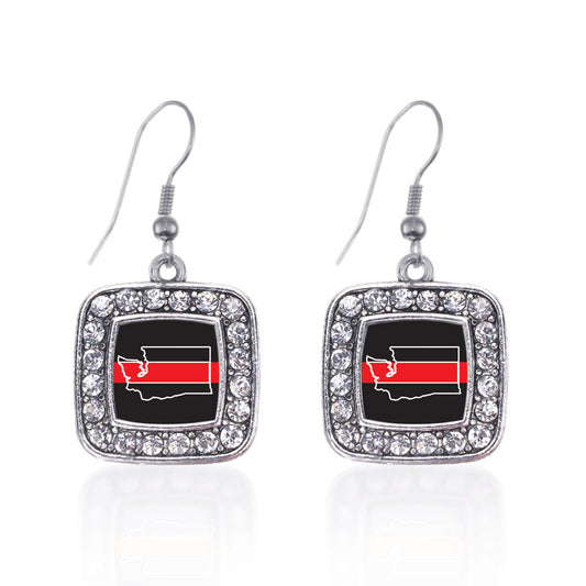 Silver Washington Thin Red Line Square Charm Dangle Earrings