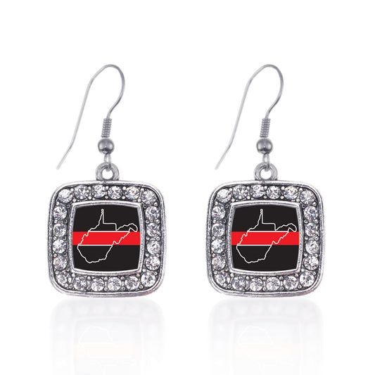 Silver West Virginia Thin Red Line Square Charm Dangle Earrings
