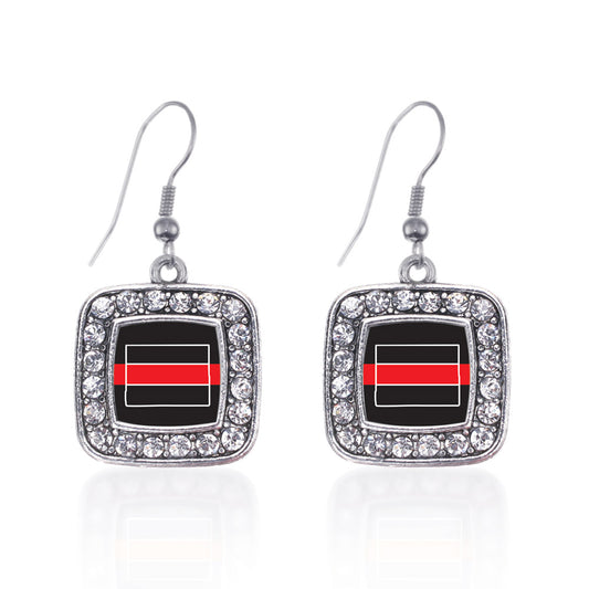 Silver Wyoming Thin Red Line Square Charm Dangle Earrings