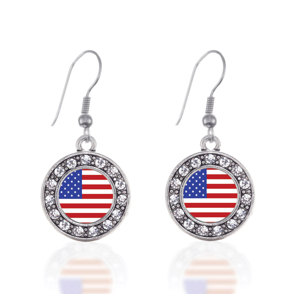 Silver American Flag Circle Charm Dangle Earrings