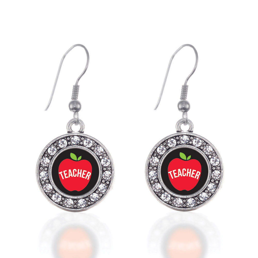 Silver Apples Are For Teachers Circle Charm Dangle Earrings