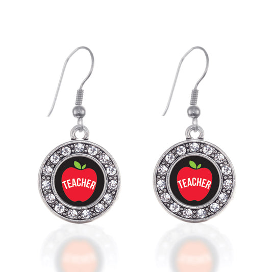 Silver Apples Are For Teachers Circle Charm Dangle Earrings