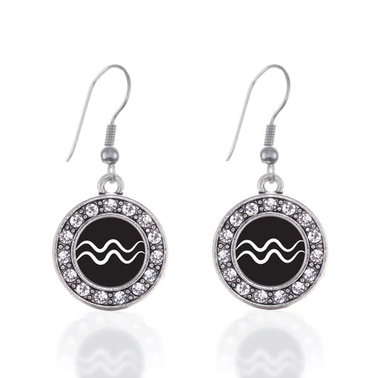 Silver Aquarius Zodiac Circle Charm Dangle Earrings