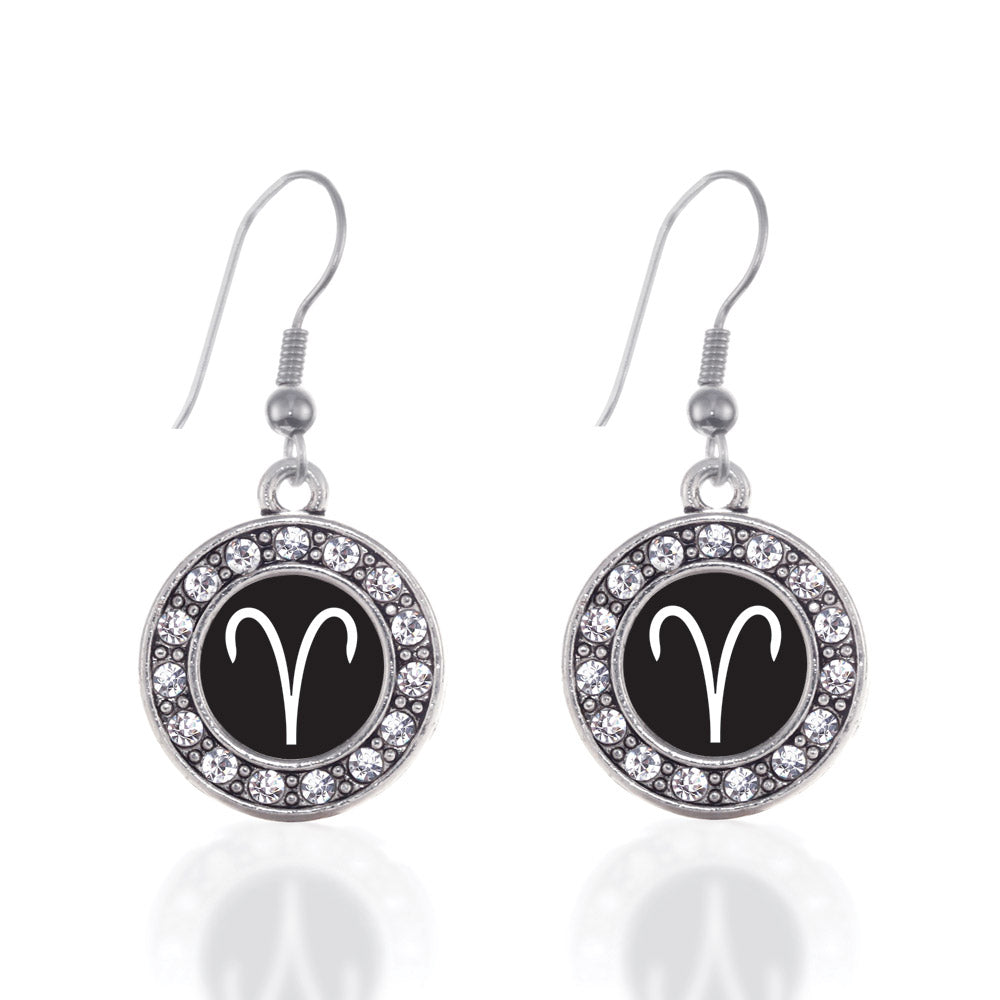 Silver Aries Zodiac Circle Charm Dangle Earrings