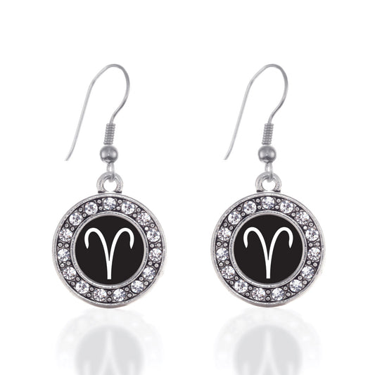 Silver Aries Zodiac Circle Charm Dangle Earrings