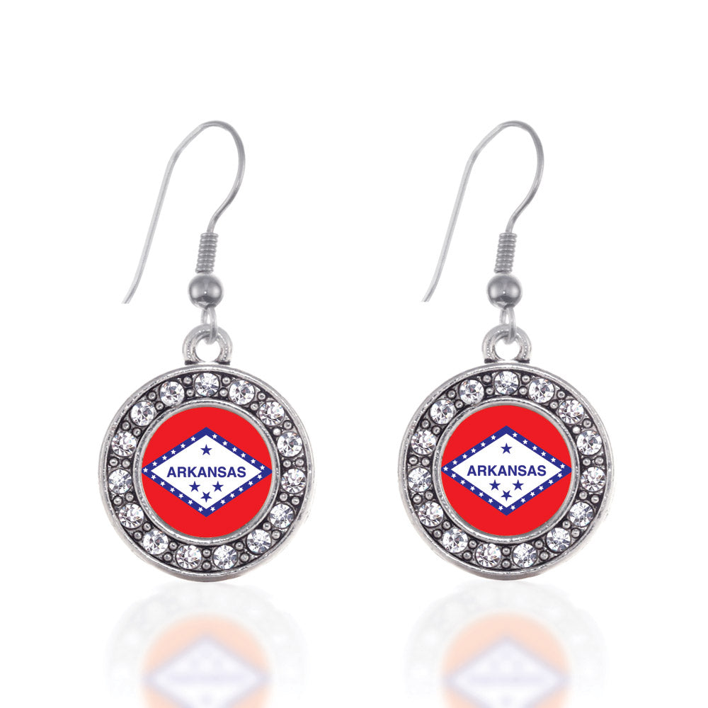 Silver Arkansas Flag Circle Charm Dangle Earrings