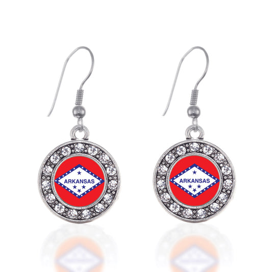 Silver Arkansas Flag Circle Charm Dangle Earrings