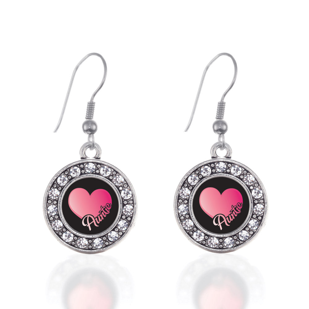 Silver Auntie Circle Charm Dangle Earrings