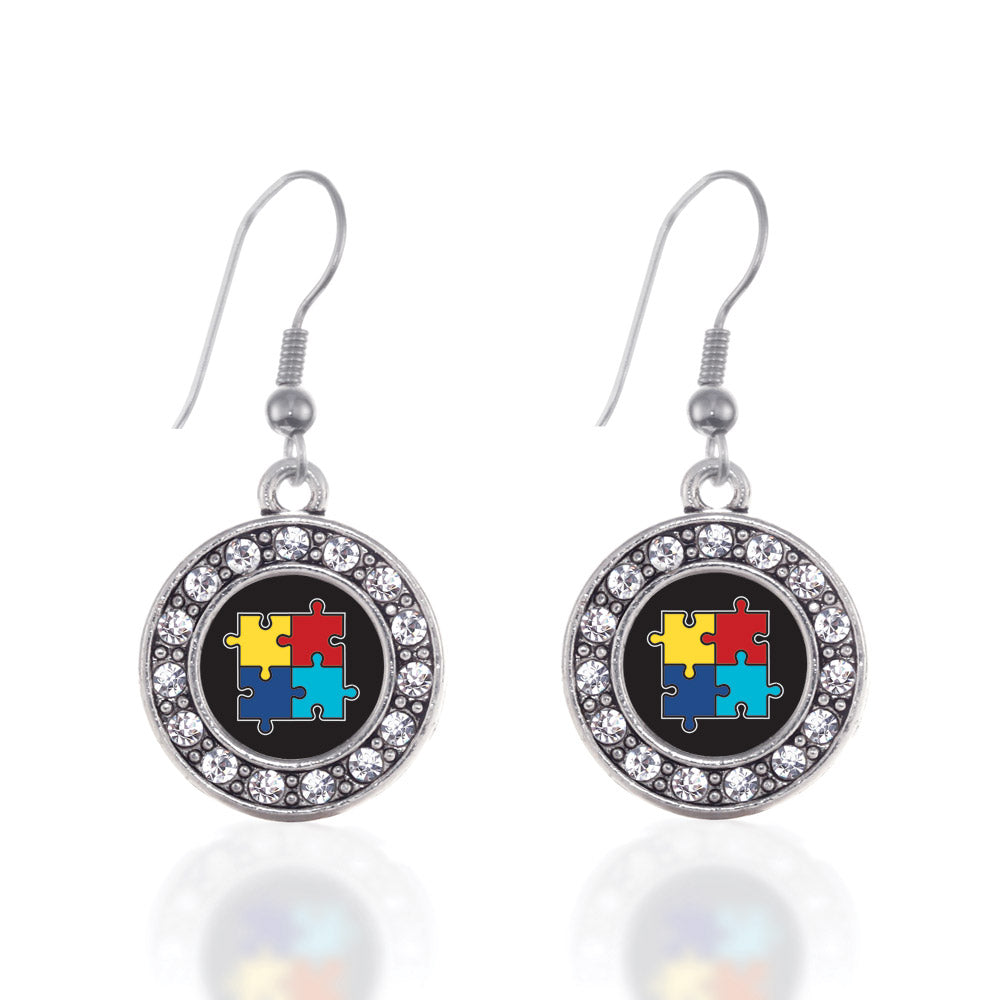 Silver Autism Awareness Jigsaw Circle Charm Dangle Earrings