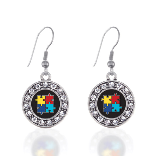Silver Autism Awareness Jigsaw Circle Charm Dangle Earrings
