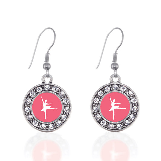 Silver Ballerina Dancer Circle Charm Dangle Earrings