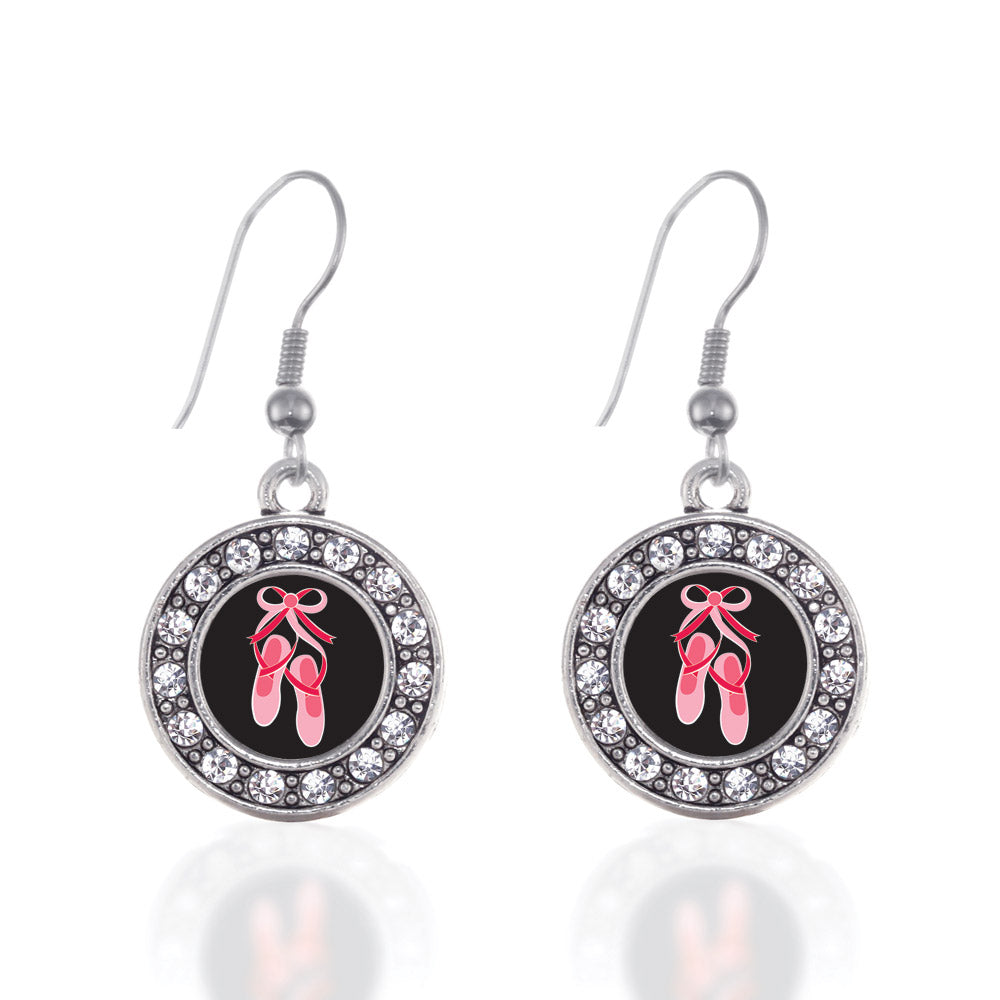 Silver Ballerina Slippers Circle Charm Dangle Earrings