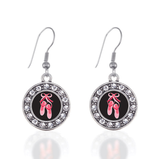 Silver Ballerina Slippers Circle Charm Dangle Earrings