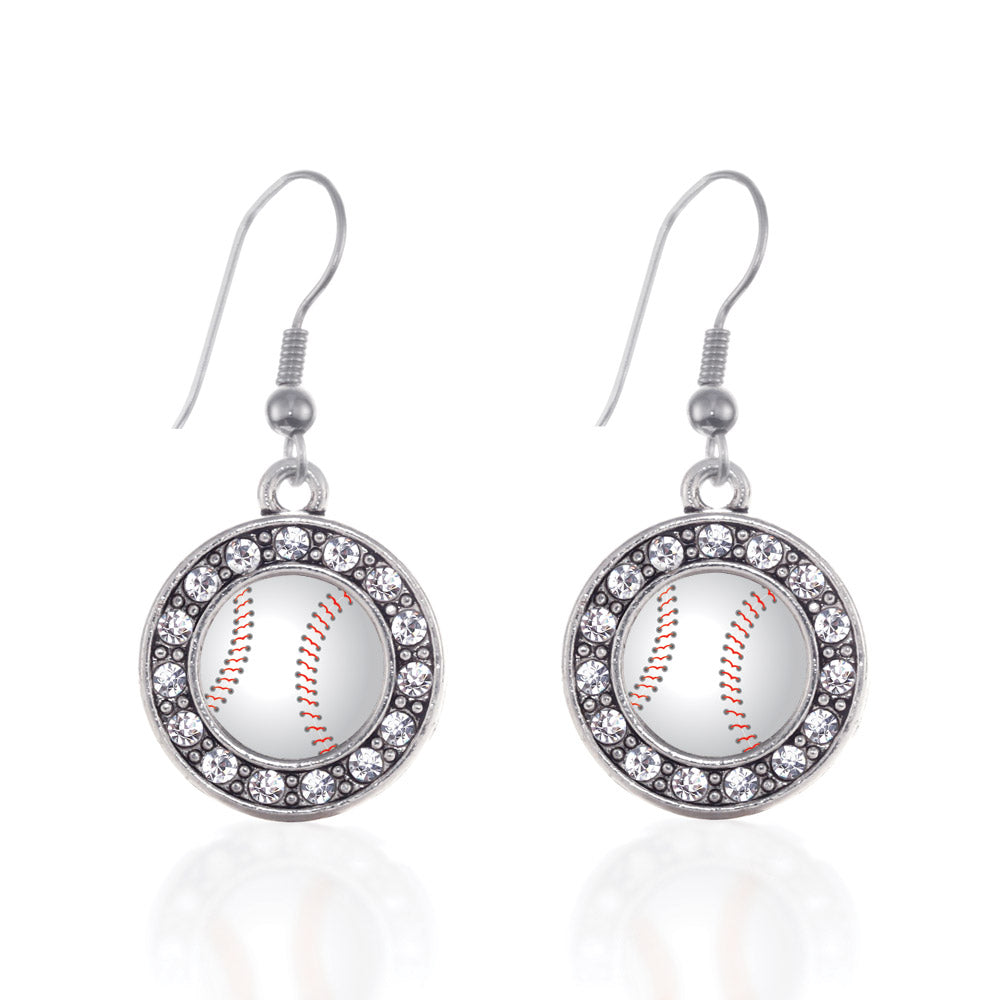 Silver Baseball Circle Charm Dangle Earrings