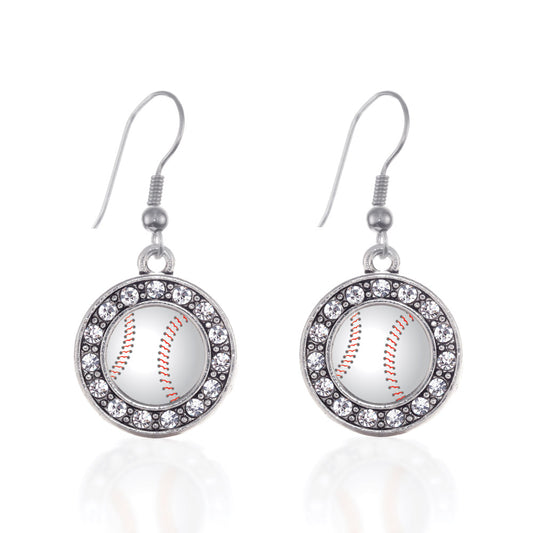 Silver Baseball Circle Charm Dangle Earrings
