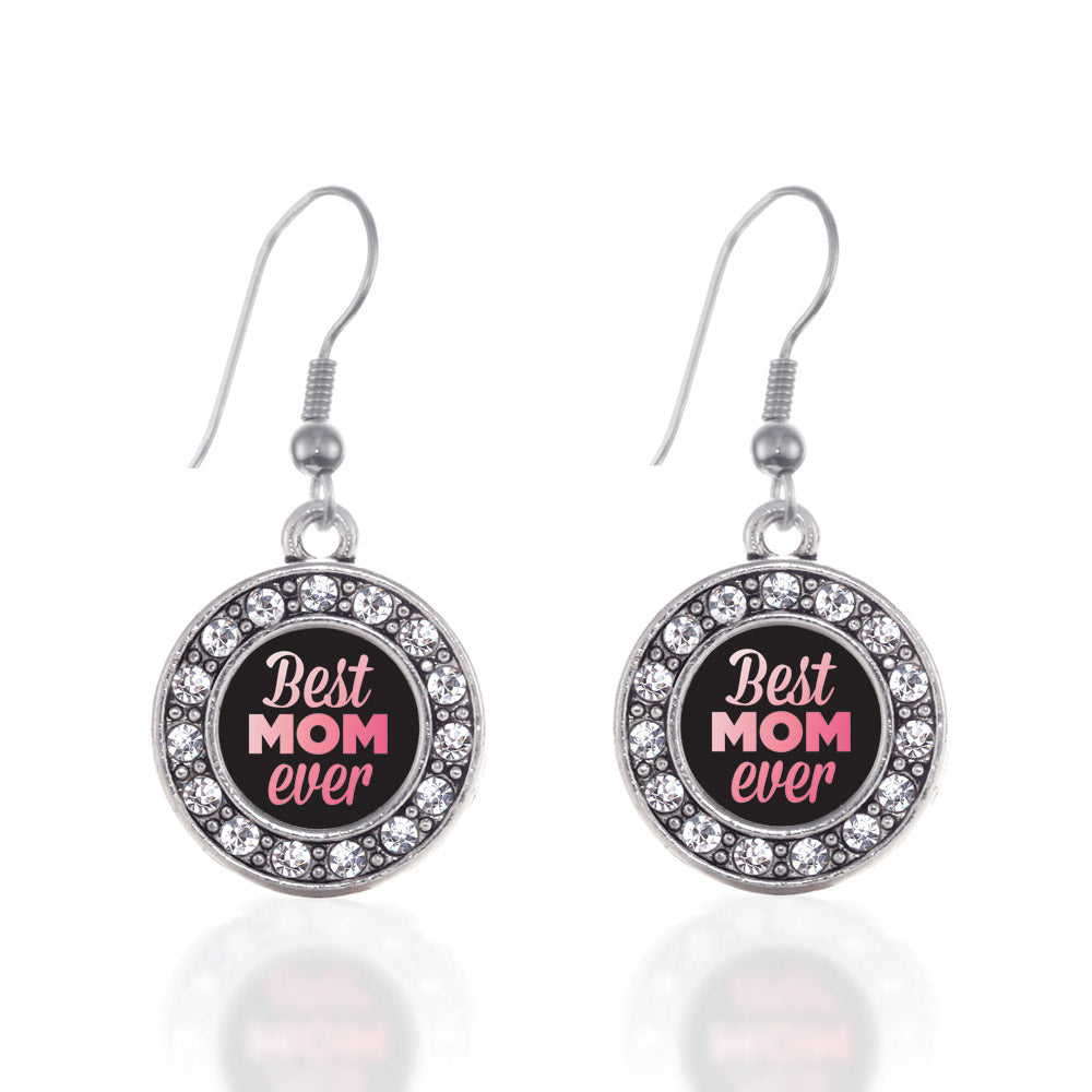 Silver Best Mom Ever Circle Charm Dangle Earrings