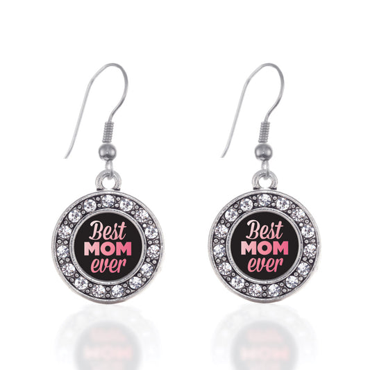 Silver Best Mom Ever Circle Charm Dangle Earrings