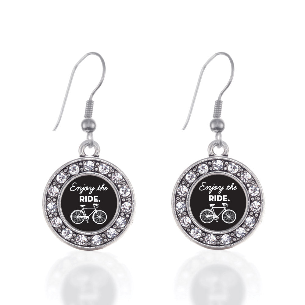 Silver Bicyclist Circle Charm Dangle Earrings