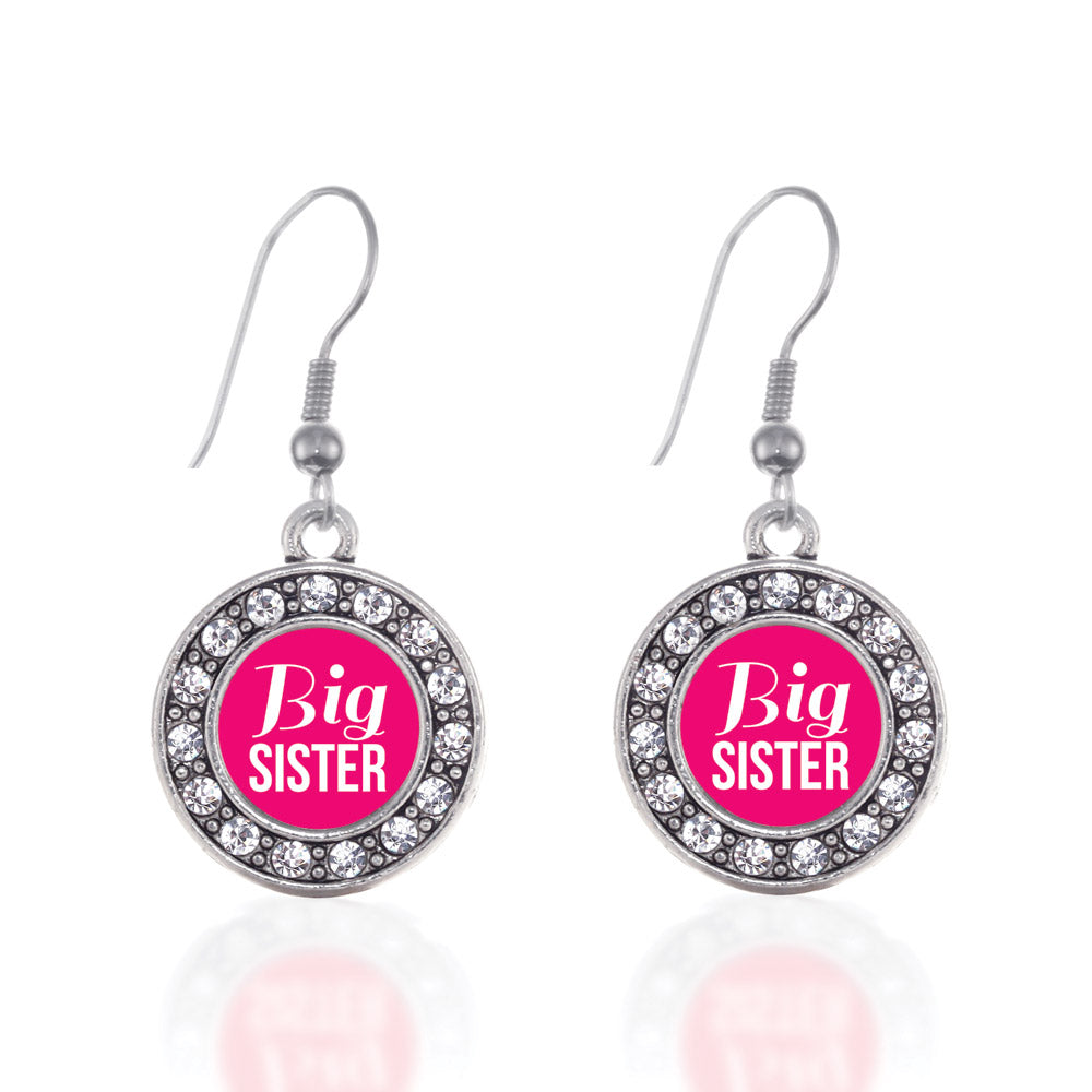 Silver Big Sister Circle Charm Dangle Earrings