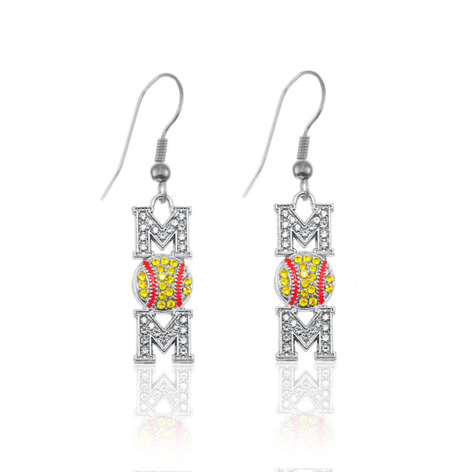 Silver Softball Mom Charm Dangle Earrings