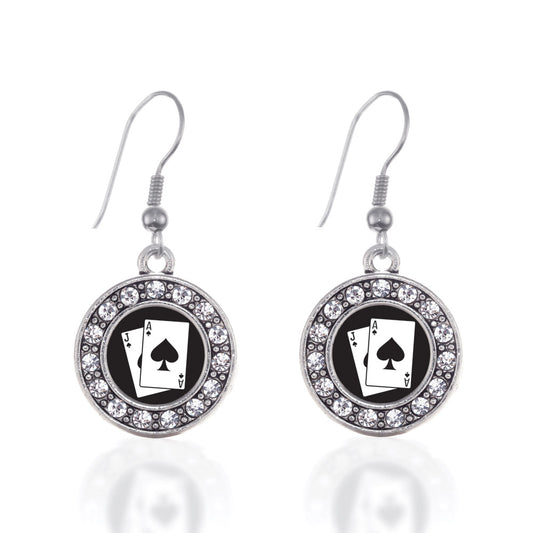 Silver Blackjack Circle Charm Dangle Earrings