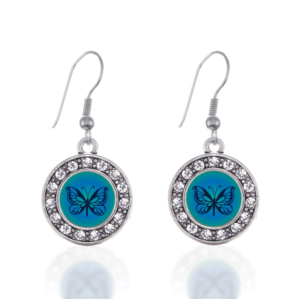 Silver Blue Butterfly Circle Charm Dangle Earrings