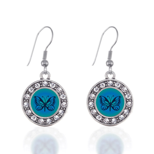 Silver Blue Butterfly Circle Charm Dangle Earrings