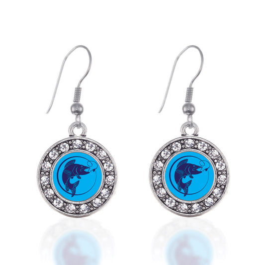 Silver Blue Fishing Circle Charm Dangle Earrings