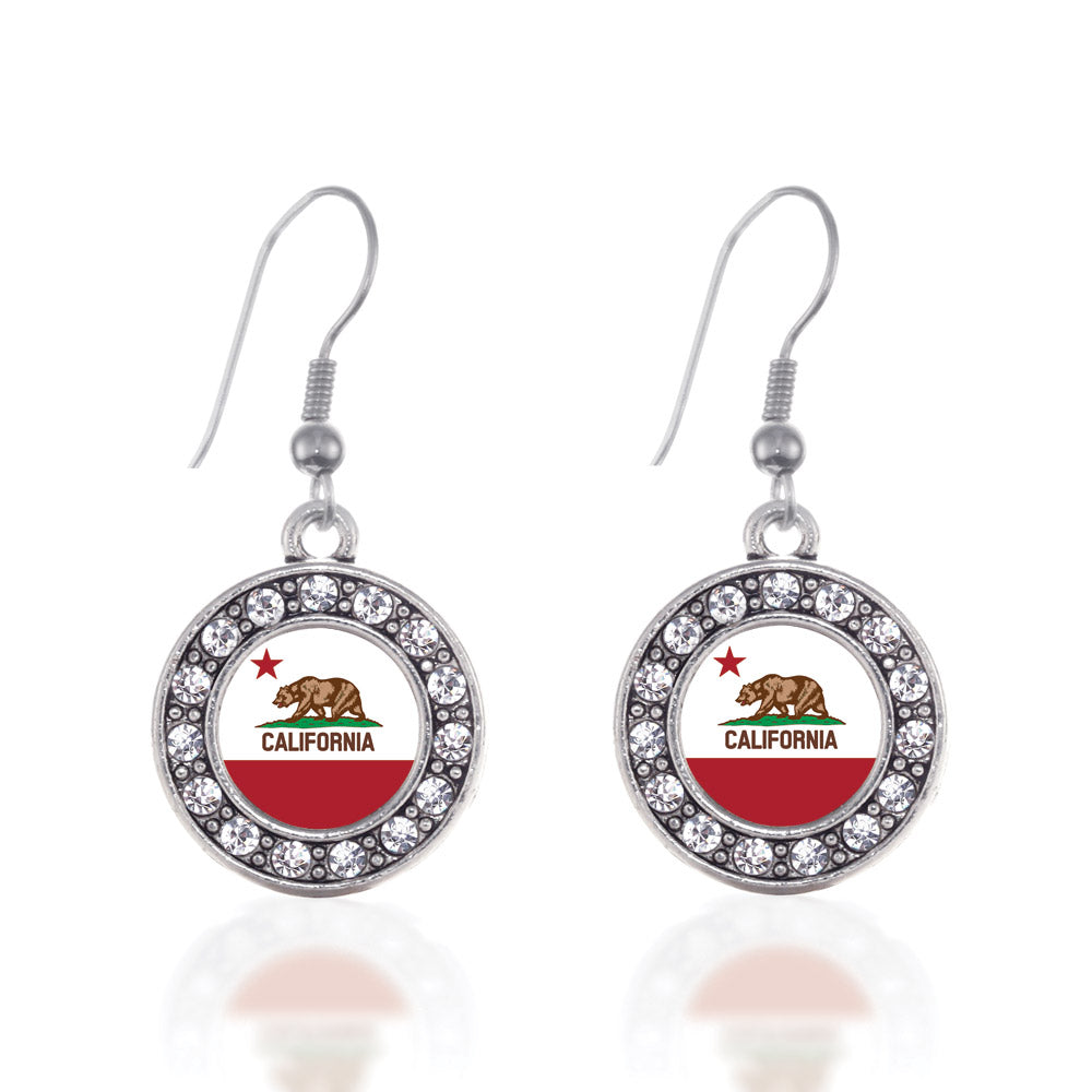 Silver California Flag Circle Charm Dangle Earrings