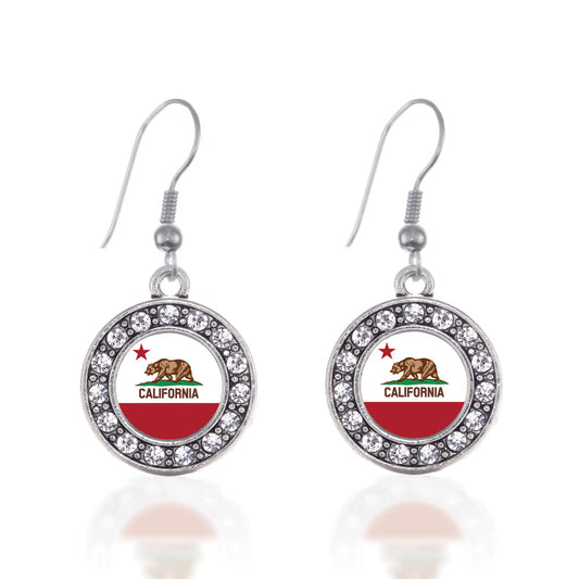 Silver California Flag Circle Charm Dangle Earrings