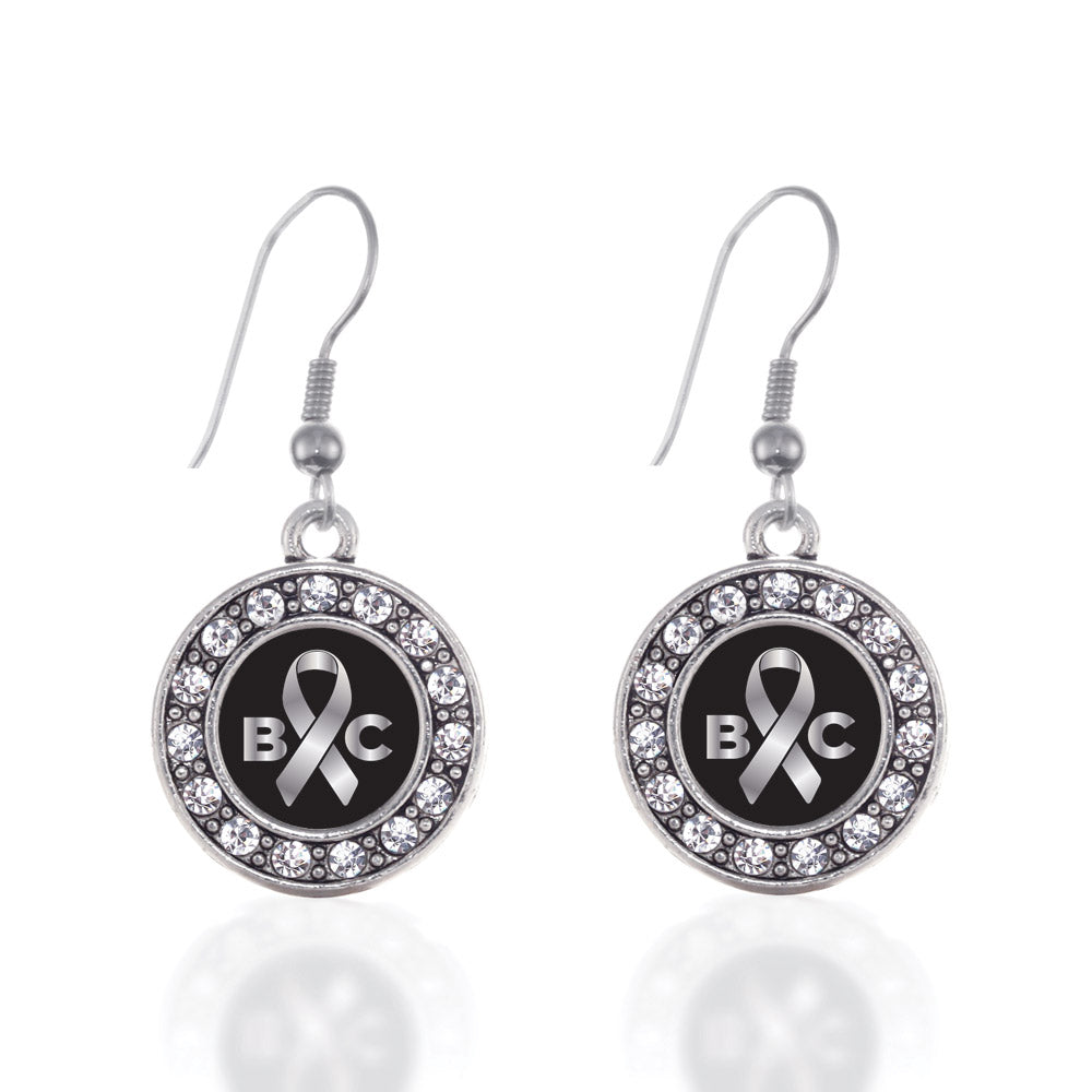 Silver Brain Cancer Awareness and Support Circle Charm Dangle Earrings