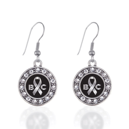 Silver Brain Cancer Awareness and Support Circle Charm Dangle Earrings