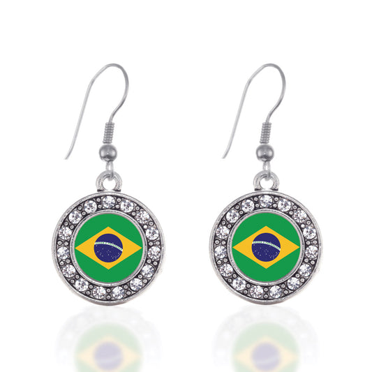 Silver Brazilian Flag Circle Charm Dangle Earrings
