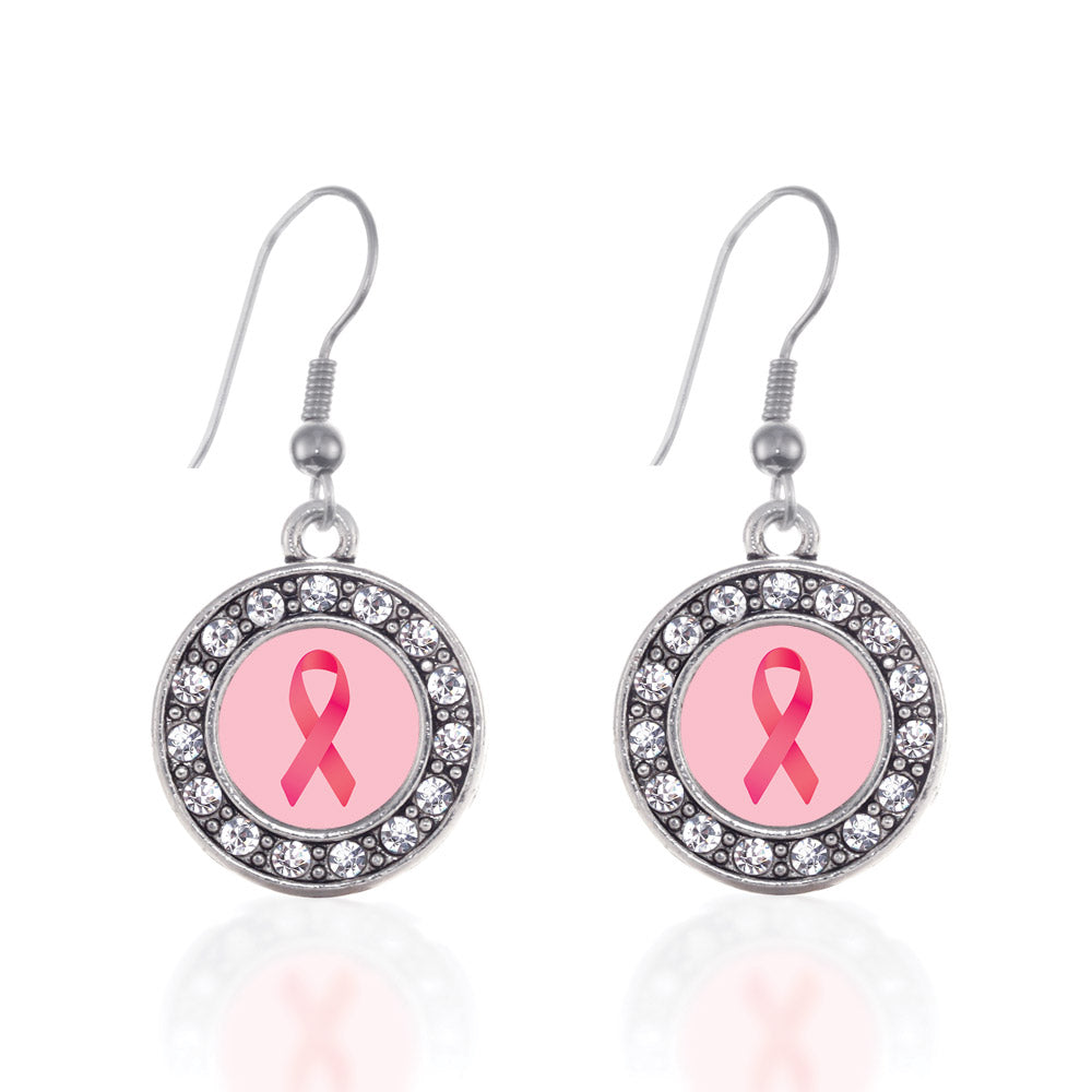 Silver Breast Cancer Circle Charm Dangle Earrings
