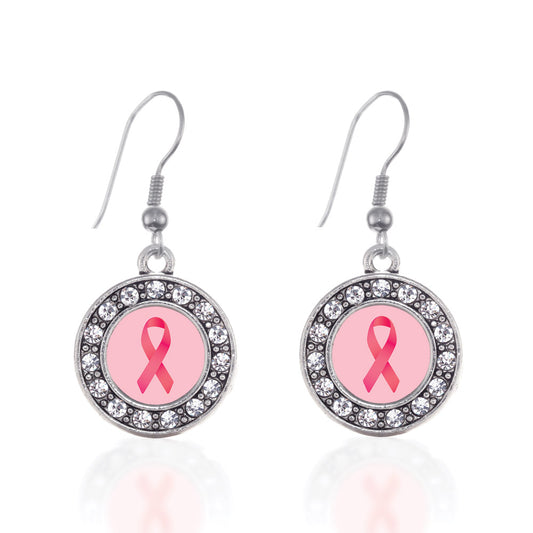 Silver Breast Cancer Circle Charm Dangle Earrings