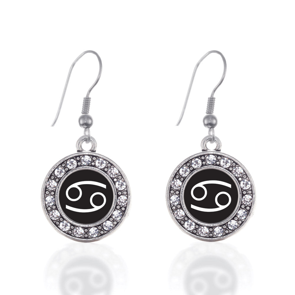 Silver Cancer Zodiac Circle Charm Dangle Earrings