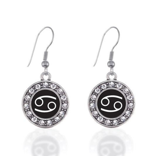 Silver Cancer Zodiac Circle Charm Dangle Earrings