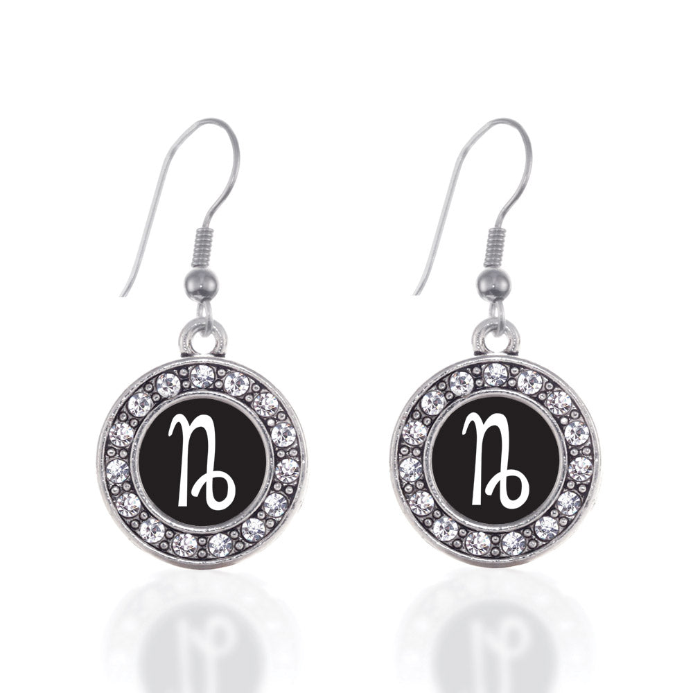 Silver Capricorn Zodiac Circle Charm Dangle Earrings