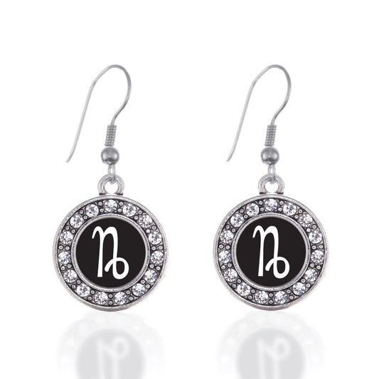 Silver Capricorn Zodiac Circle Charm Dangle Earrings