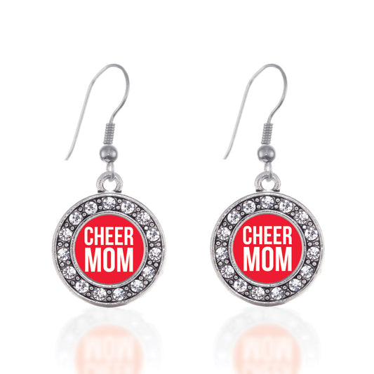 Silver Cheer Mom Circle Charm Dangle Earrings