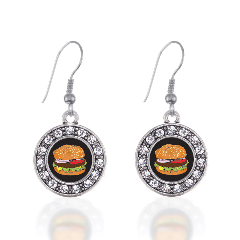 Silver Cheeseburger Circle Charm Dangle Earrings