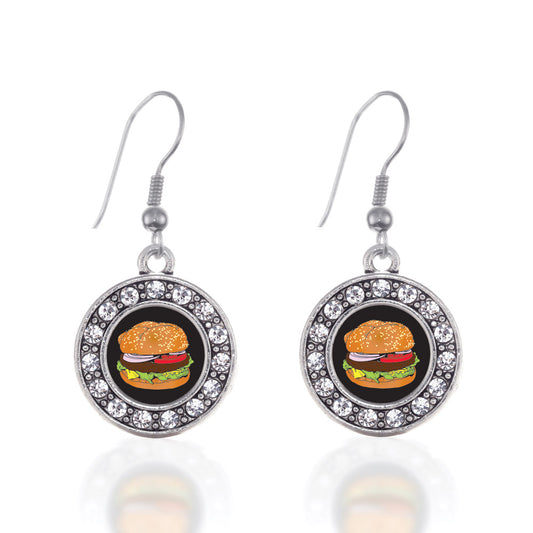 Silver Cheeseburger Circle Charm Dangle Earrings