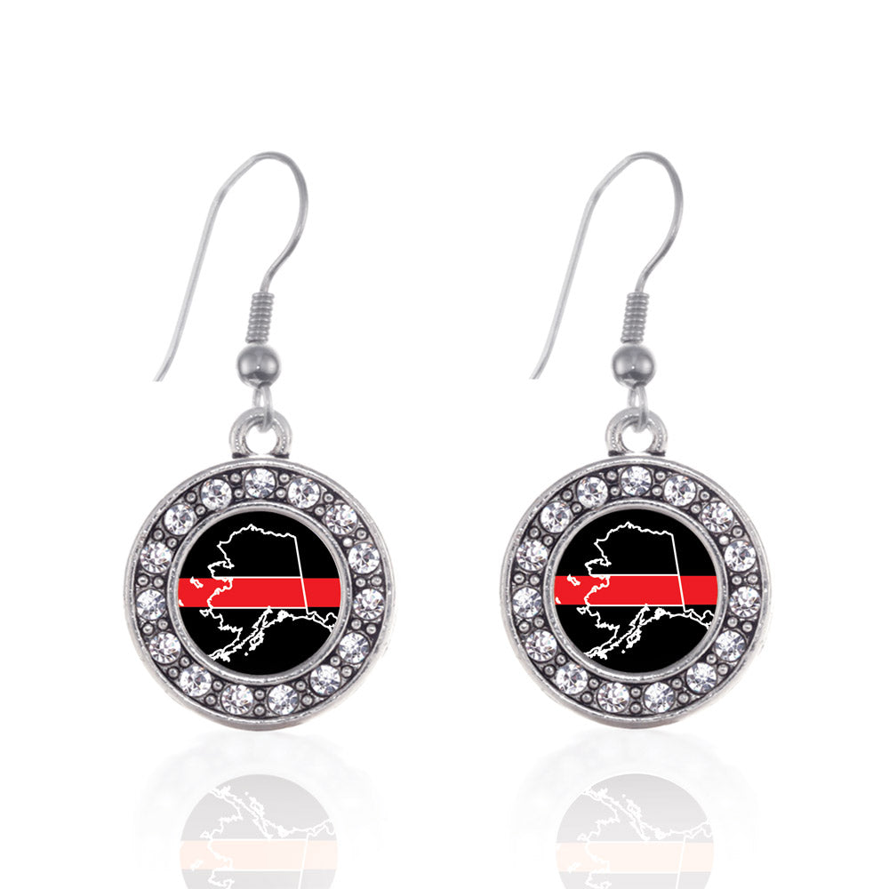 Silver Alaska Thin Red Line Circle Charm Dangle Earrings