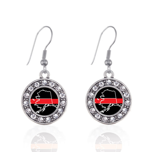 Silver Alaska Thin Red Line Circle Charm Dangle Earrings