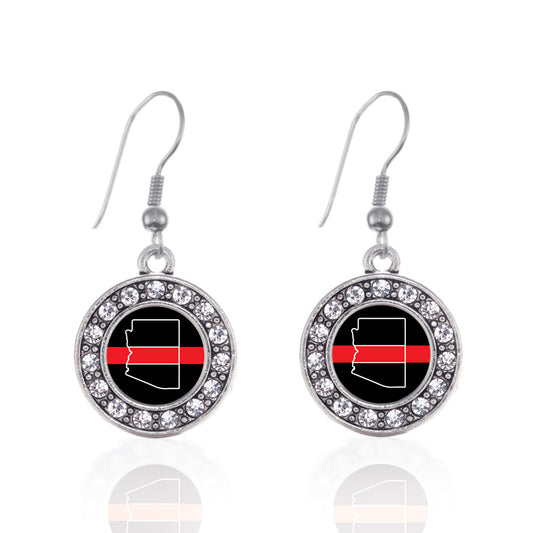Silver Arizona Thin Red Line Circle Charm Dangle Earrings