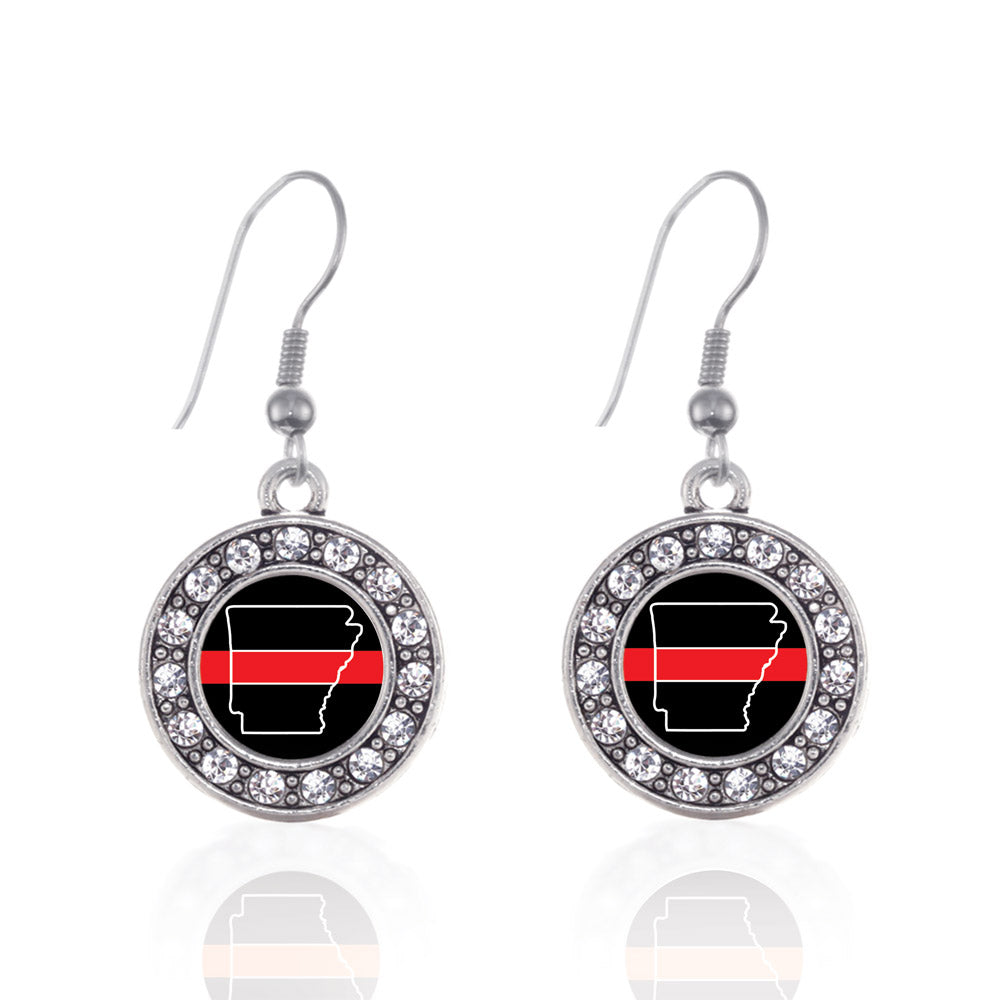 Silver Arkansas Thin Red Line Circle Charm Dangle Earrings