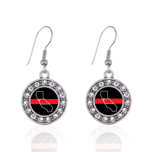 Silver California Thin Red Line Circle Charm Dangle Earrings
